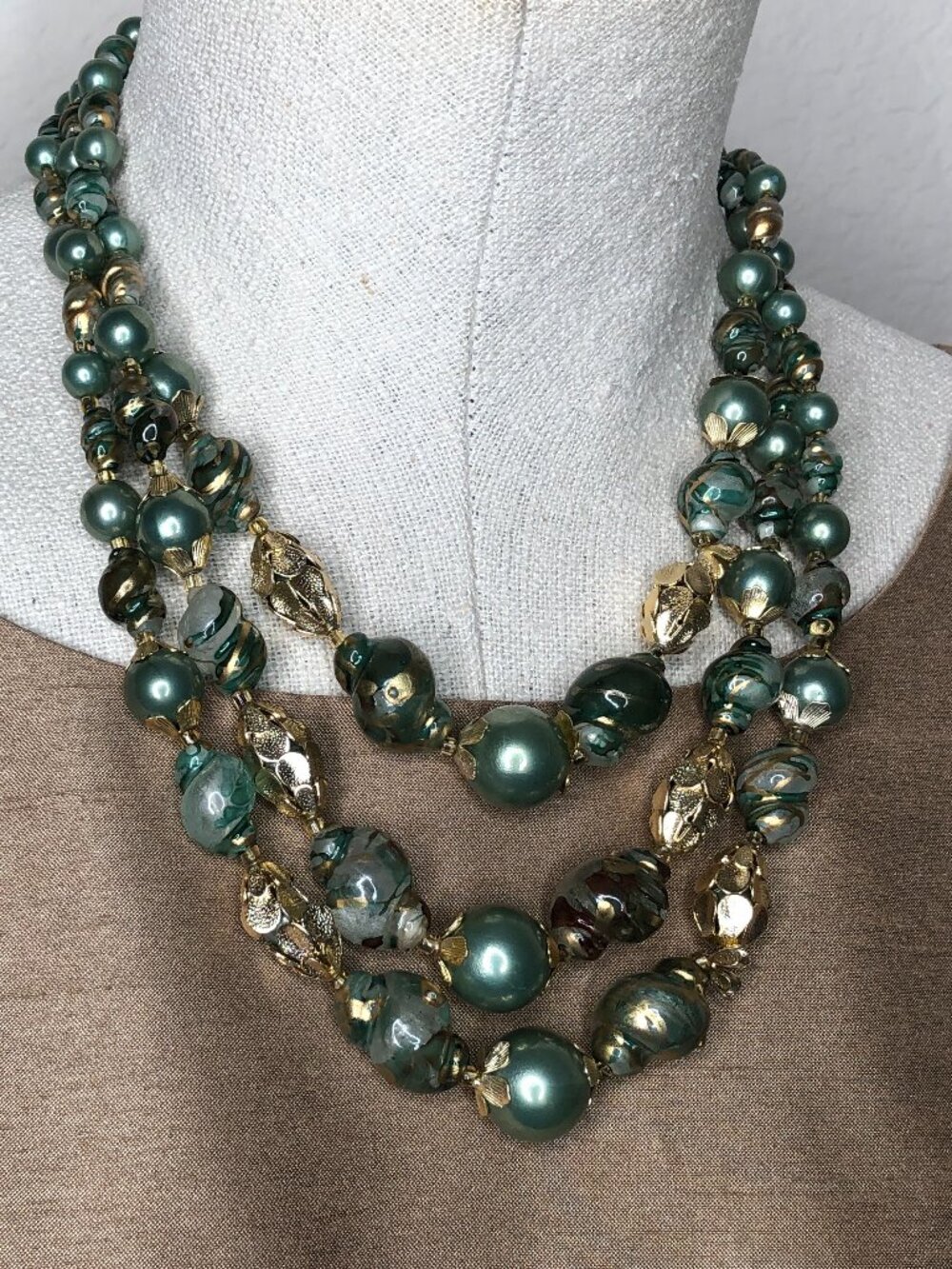 LOVELY, Vintage Green Faux Pearl & Marbled Bead Necklace
